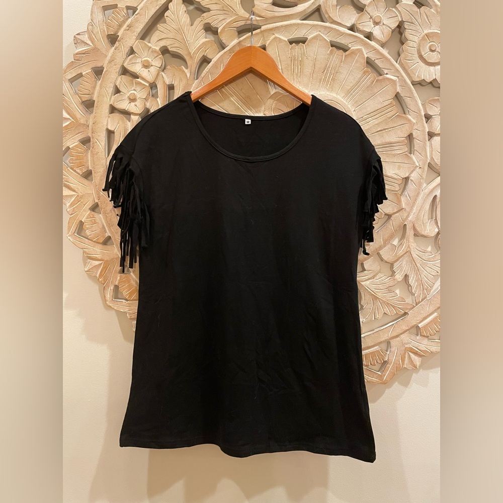 Black Fringe Sleeve Tee Shirt